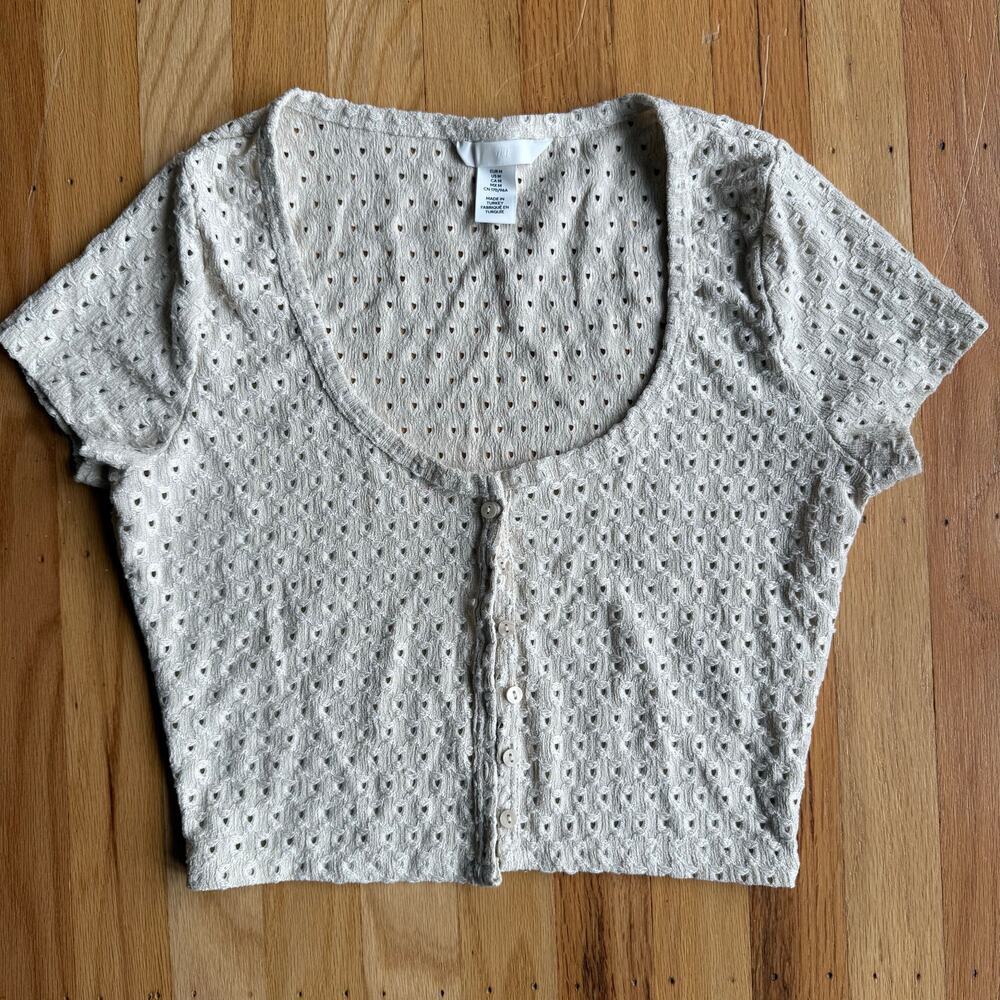 H&M Cream Eyelet Crop Top Blouse Embroidered Button Down Size M Boho 90's Y2K